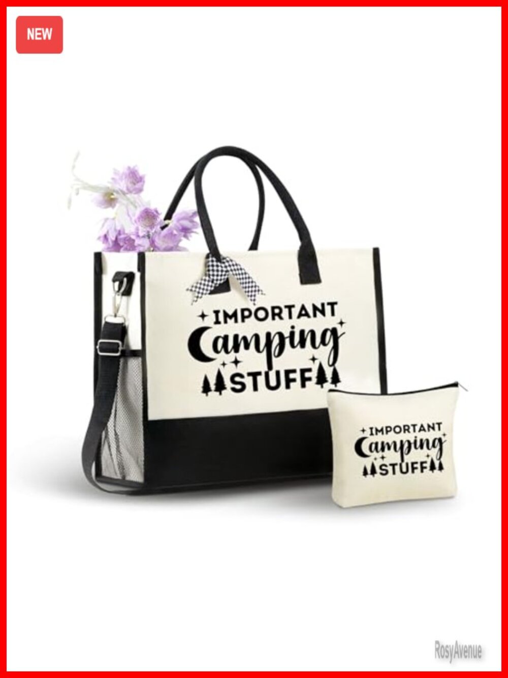 Canvas Tote Bag with Strap Large Tote & Makeup Pouch Set Travel Beach Bag